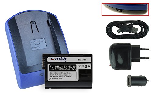 Akku + Ladegerät (Netz+Kfz+USB) für EN-EL15(a) / Nikon 1V1, D500, D600, D610, D750, D800(E), D810(A/E), D850, D7000, D7100, D7200, D7500 von mtb more energy
