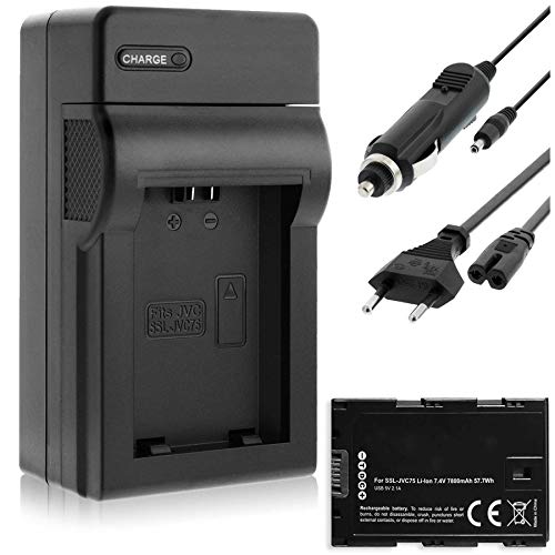 Akku + Ladegerät (Netz, KFZ) kompatibel mit JVC SSL-JVC75 für JVC GY-HM200, HM600(E), HM620(E), HM650, HM660 und weitere [Akku mit USB-A-Ausgang 5V, 2.1A - 7800mAh - 7.4V - LED Ladezustand Check] von mtb more energy