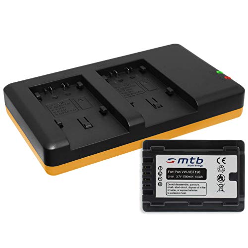 Akku [1780mAh] + Dual-Ladegerät (USB) für VW-VBT190 / Panasonic HC-VX989... / HC-W570, W850, WX979... s. Liste! mit Infochip (Akkulaufzeitanzeige unterstützt) von mtb more energy