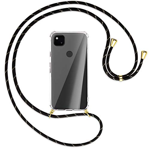 mtb more energy® Handykette kompatibel mit Google Pixel 4a (5.81'') - Schwarz+Gold gestreift/Gold - Smartphone Hülle zum Umhängen - Anti Shock Full TPU Case von mtb more energy