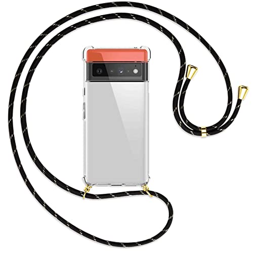mtb more energy® Handykette kompatibel mit Google Pixel 6 Pro (6.67'') - Schwarz+Gold gestreift/Gold - Smartphone Hülle zum Umhängen - Anti Shock Full TPU Case von mtb more energy