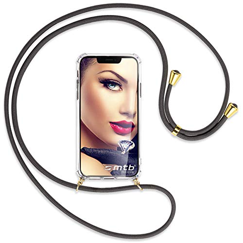 mtb more energy® Handykette kompatibel mit Google Pixel 8A - dunkelgrau/Goldfarbene Ösen - Smartphone Hülle zum Umhängen - Anti Shock Full TPU Case von mtb more energy