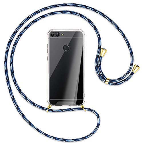 mtb more energy Handykette kompatibel mit Huawei P smart (5.65'') - blau gestreift/Gold - Smartphone Hülle zum Umhängen - Anti Shock Full TPU Case von mtb more energy