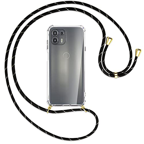mtb more energy® Handykette kompatibel mit Motorola Edge 20 Lite (6.7'') - Schwarz+Gold gestreift/Gold - Smartphone Hülle zum Umhängen - Anti Shock Full TPU Case von mtb more energy