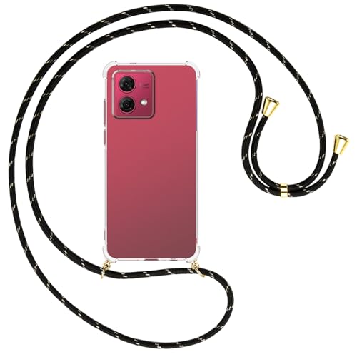 mtb more energy® Handykette kompatibel mit Motorola Moto G84 5G - Schwarz+Gold gestreift/Goldfarbene Ösen - Smartphone Hülle zum Umhängen - Anti Shock Full TPU Case von mtb more energy