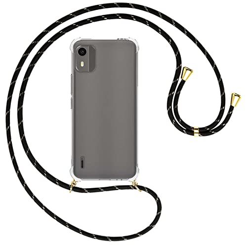 mtb more energy® Handykette kompatibel mit Nokia C12 - Schwarz+Gold gestreift/Gold - Smartphone Hülle zum Umhängen - Anti Shock Full TPU Case von mtb more energy