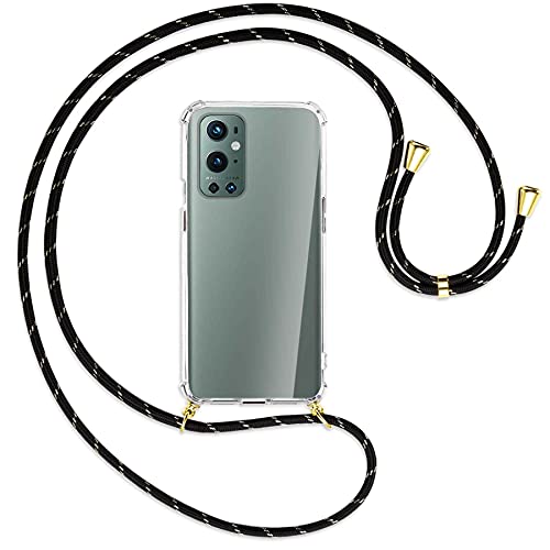 mtb more energy® Handykette kompatibel mit OnePlus 9 Pro (6.7'') - Schwarz+Gold gestreift/Gold - Smartphone Hülle zum Umhängen - Anti Shock Full TPU Case von mtb more energy