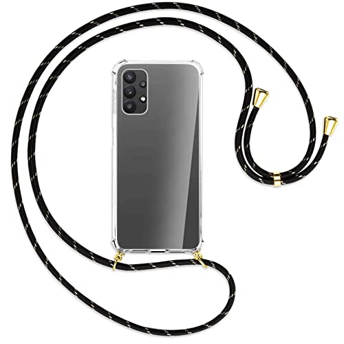 mtb more energy® Handykette kompatibel mit Samsung Galaxy A23 4G, A23 5G (6.6'') - Schwarz+Gold gestreift/Gold - Smartphone Hülle zum Umhängen - Anti Shock Full TPU Case von mtb more energy