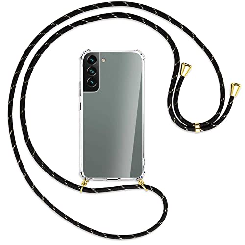 mtb more energy® Handykette kompatibel mit Samsung Galaxy S22 5G (SM-S901, 6.1'') - Schwarz+Gold gestreift/Gold - Smartphone Hülle zum Umhängen - Anti Shock Full TPU Case von mtb more energy
