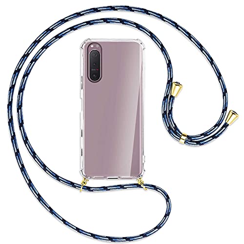 mtb more energy® Handykette kompatibel mit Sony Xperia 5 II (6.1'') - blau gestreift/Gold - Smartphone Hülle zum Umhängen - Anti Shock Full TPU Case von mtb more energy