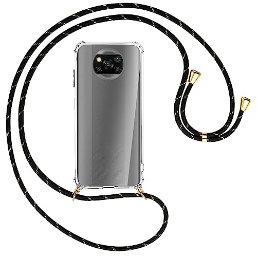 mtb more energy® Handykette kompatibel mit Xiaomi Poco X3 NFC, Poco X3 Pro (6.67'') - Schwarz+Gold gestreift/Gold - Smartphone Hülle zum Umhängen - Anti Shock Full TPU Case von mtb more energy