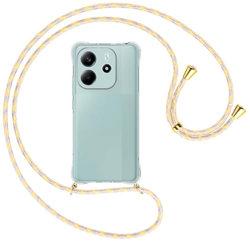 mtb more energy® Handykette kompatibel mit Xiaomi Redmi Note 14 4G - gelb/grau/beige/Metallteile: Gold - Smartphone Hülle zum Umhängen - Anti Shock Full TPU Case von mtb more energy
