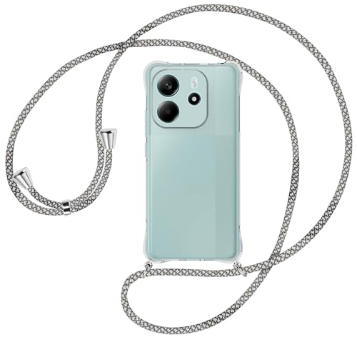 mtb more energy® Handykette kompatibel mit Xiaomi Redmi Note 14 4G - weiß/grau kariert/Metallteile: Silber - Smartphone Hülle zum Umhängen - Anti Shock Full TPU Case von mtb more energy