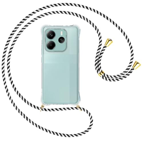 mtb more energy® Handykette kompatibel mit Xiaomi Redmi Note 14 5G - schwarz/weiß gestreift/Metallteile: Gold - Smartphone Hülle zum Umhängen - Anti Shock Full TPU Case von mtb more energy