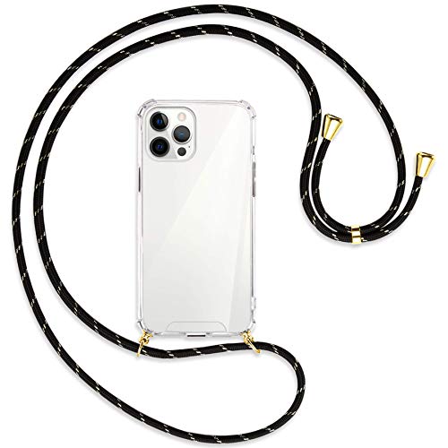 mtb more energy® Handykette kompatibel mit iPhone 12 Pro Max (6.7'') - Schwarz+Gold gestreift/Gold - Smartphone Hülle zum Umhängen - Anti Shock Strong TPU Case von mtb more energy