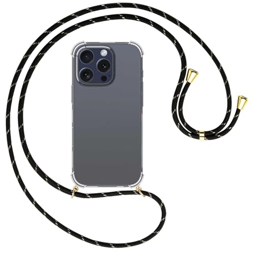 mtb more energy® Handykette kompatibel mit iPhone 16 Pro - schwarz/Gold/Metallteile: Gold - Smartphone Hülle zum Umhängen - TPU Case von mtb more energy