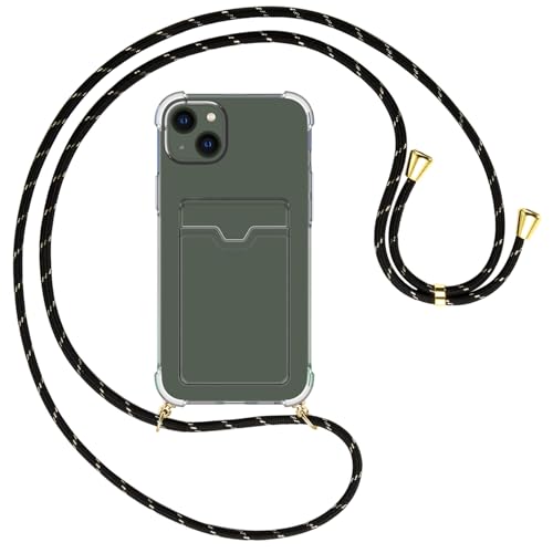 mtb more energy® Handykette mit Kartenfach kompatibel mit iPhone 15 Plus - Schwarz+Gold gestreift/Goldfarbene Ösen - Smartphone Hülle zum Umhängen - Anti Shock Full TPU Case von mtb more energy