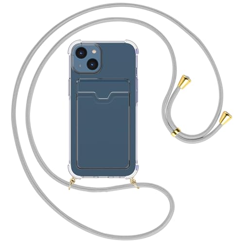 mtb more energy® Handykette mit Kartenfach kompatibel mit iPhone 15 - Silber-Grau/Goldfarbene Ösen - Smartphone Hülle zum Umhängen - Anti Shock Full TPU Case von mtb more energy