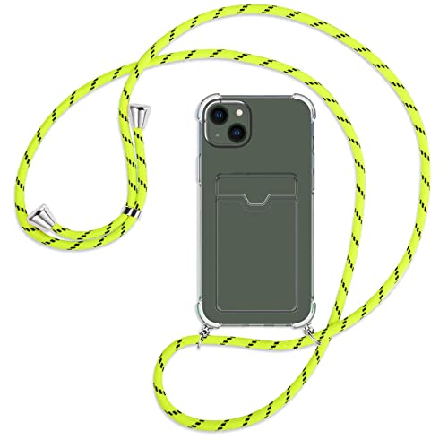mtb more energy® Umhänge-Hülle mit Kartenfach kompatibel mit iPhone 14 Plus (6.7'') - Neon-Gelb gestreift - Einschub für Personalausweis etc - Handykette mit Anti Shock Case von mtb more energy