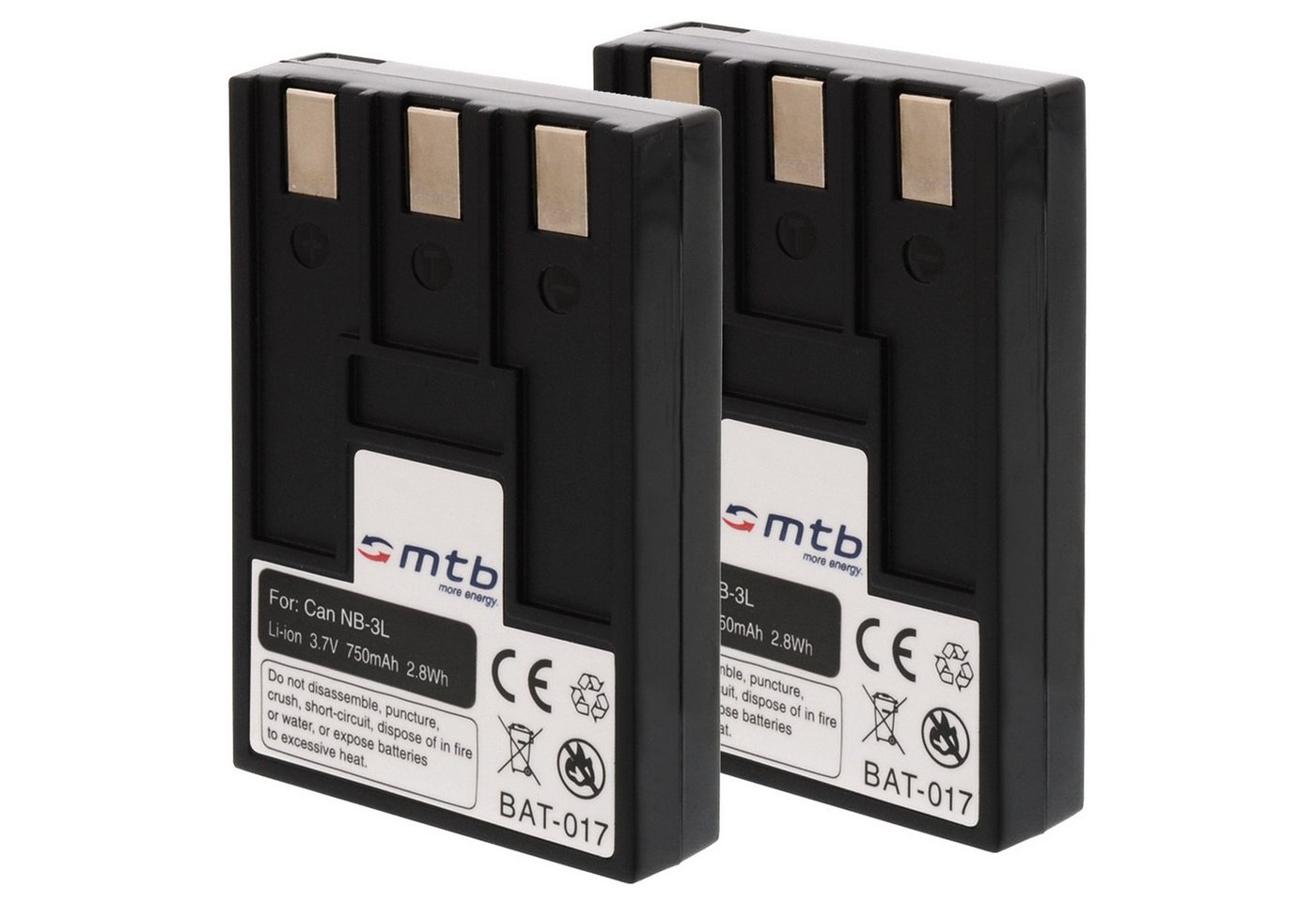 mtb more energy 2x NB-3L Akku für Canon Digitalkameras Kamera-Akku kompatibel mit Akku-Typ Canon NB-3L 750 mAh (3,7 V) von mtb more energy