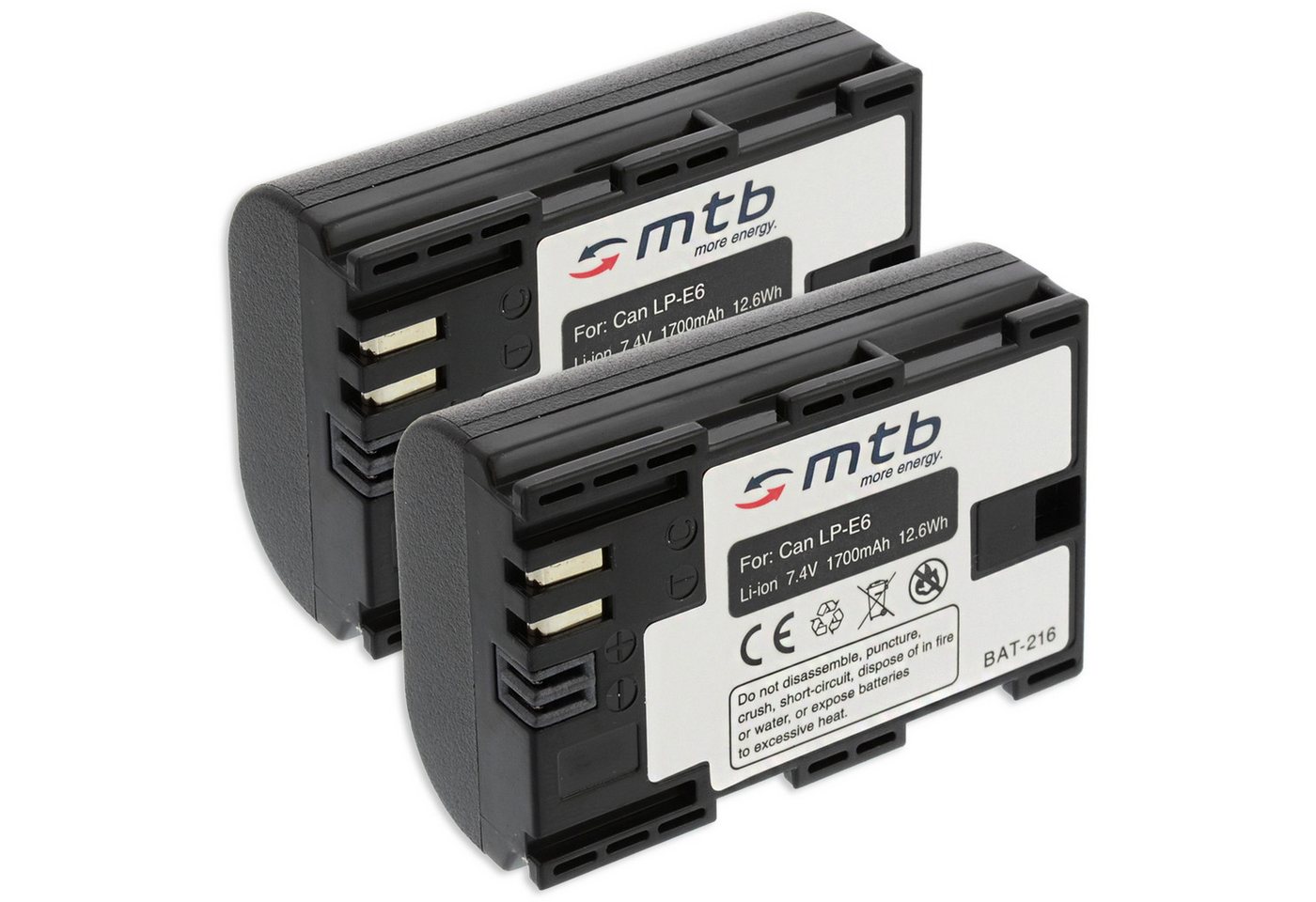mtb more energy 2x Akku für Canon LP-E6 (mit Infochip) Kamera-Akku kompatibel mit Akku-Typ Canon LP-E6 1700 mAh (7,4 V) von mtb more energy