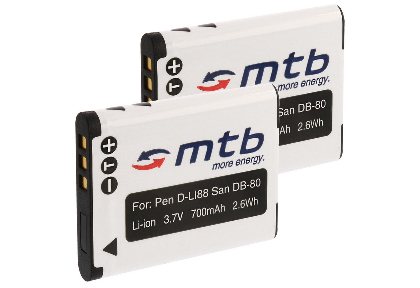 mtb more energy 2x Kompatibler Akku für Pentax D-Li88 / Sanyo DB-L80 Kamera-Akku kompatibel mit Akku-Typ Pentax D-Li88 / Sanyo DB-L80 700 mAh (3,7 V) von mtb more energy