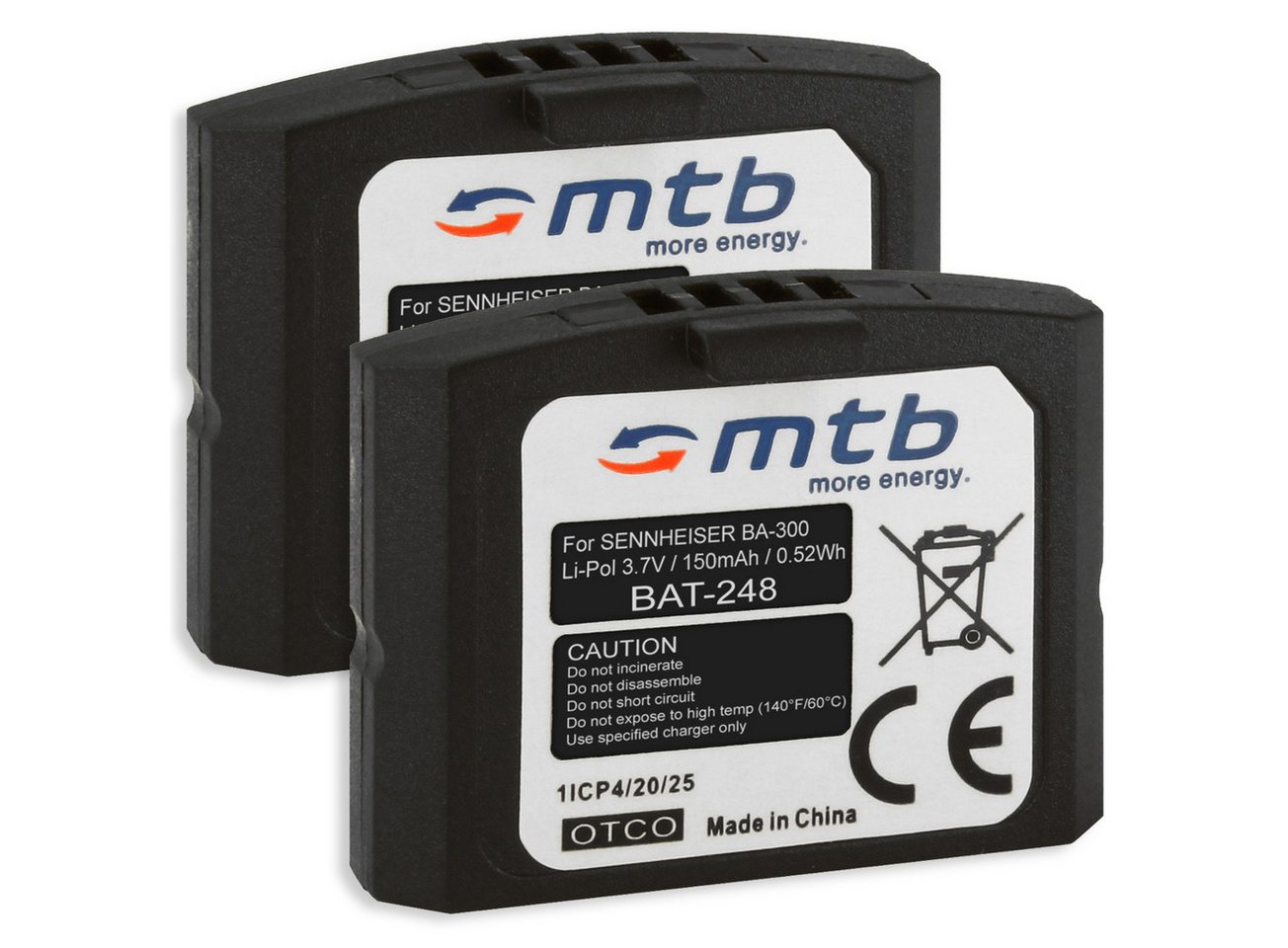 mtb more energy 2x Akku für Sennheiser Kopfhörer BA 300 BA-300 BA300 Kamera-Akku kompatibel mit Akku-Typ Sennheiser BA-300 150 mAh (3,7 V) von mtb more energy