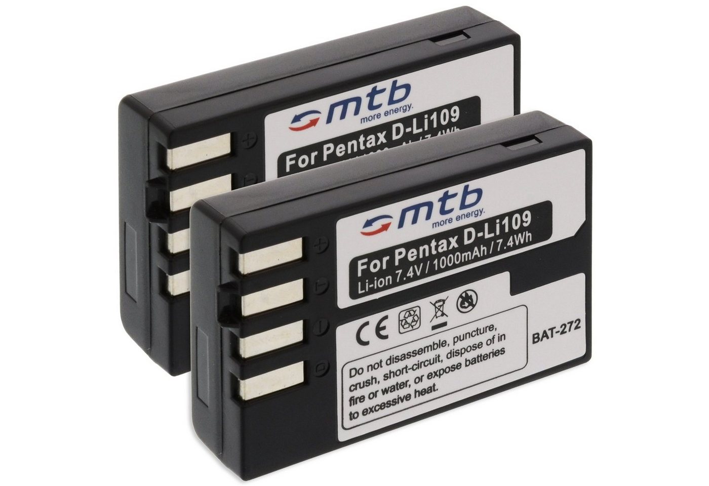 mtb more energy [BAT-272 - Li-Ion] Kamera-Akku kompatibel mit Akku-Typ Pentax D-Li109 1000 mAh (7,4 V), passend für: Pentax K-30, K-50, K-70, K-500… von mtb more energy