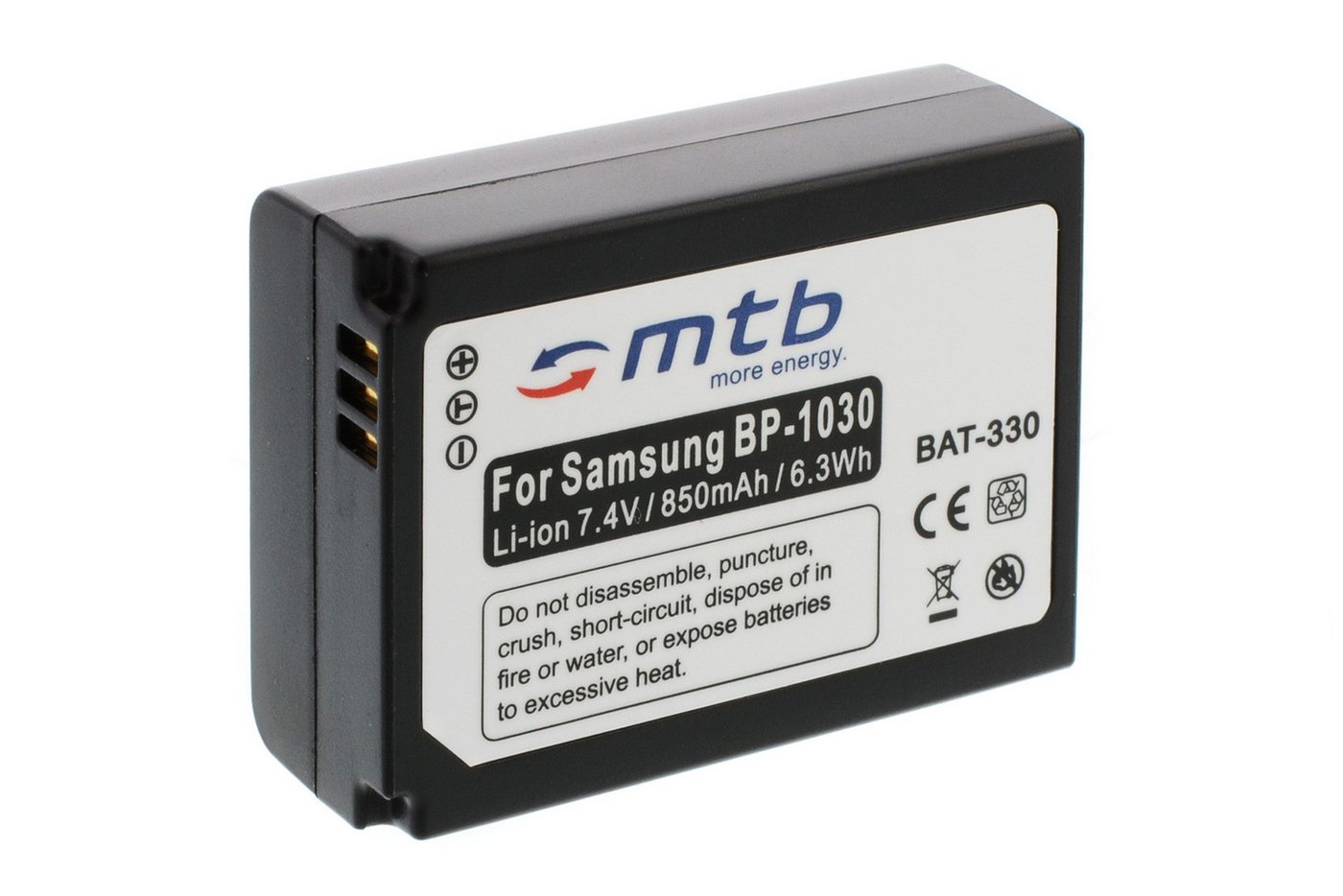 mtb more energy [BAT-330 - Li-Ion] Kamera-Akku kompatibel mit Akku-Typ BP1030 850 mAh (7,4 V), passend für: Samsung NX200, NX210, NX300, NX310, NX1000, NX1100, NX2000, NX2020, NX2030… von mtb more energy