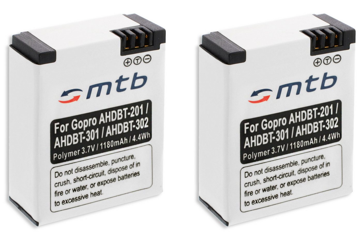 mtb more energy 2x Akku für Gopro AHDBT-301 (Hero 3) Kamera-Akku kompatibel mit Akku-Typ Gopro Hero 3 AHDBT-301 1180 mAh (3,7 V) von mtb more energy