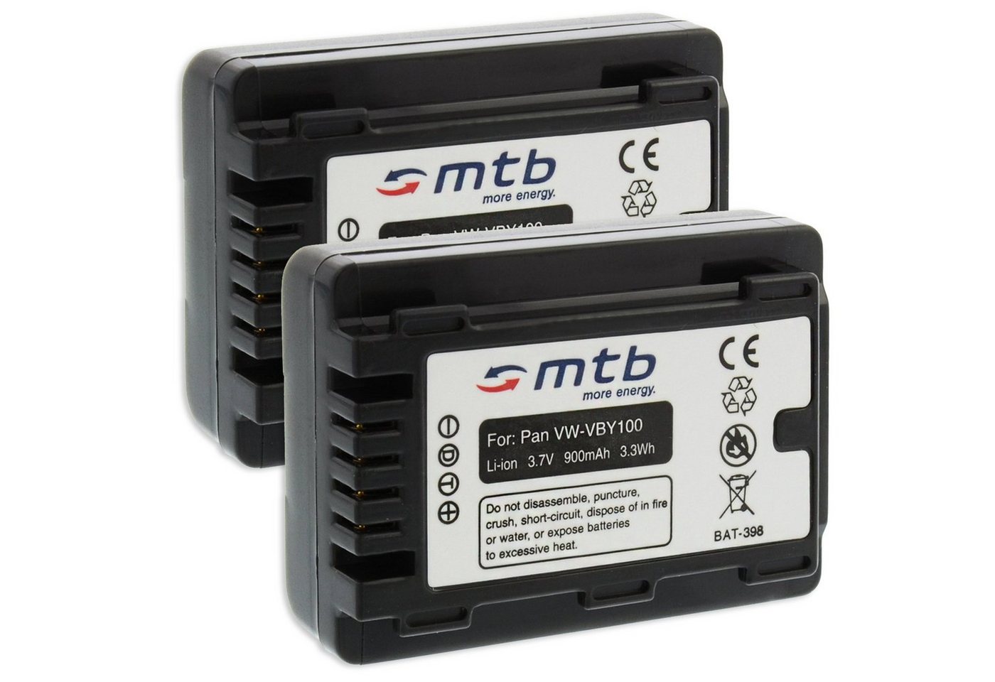 mtb more energy [BAT-398 - Li-Ion] Kamera-Akku kompatibel mit Akku-Typ Panasonic VW-VBY100 900 mAh (3,7 V), passend für: Panasonic HC-V10, V110… von mtb more energy