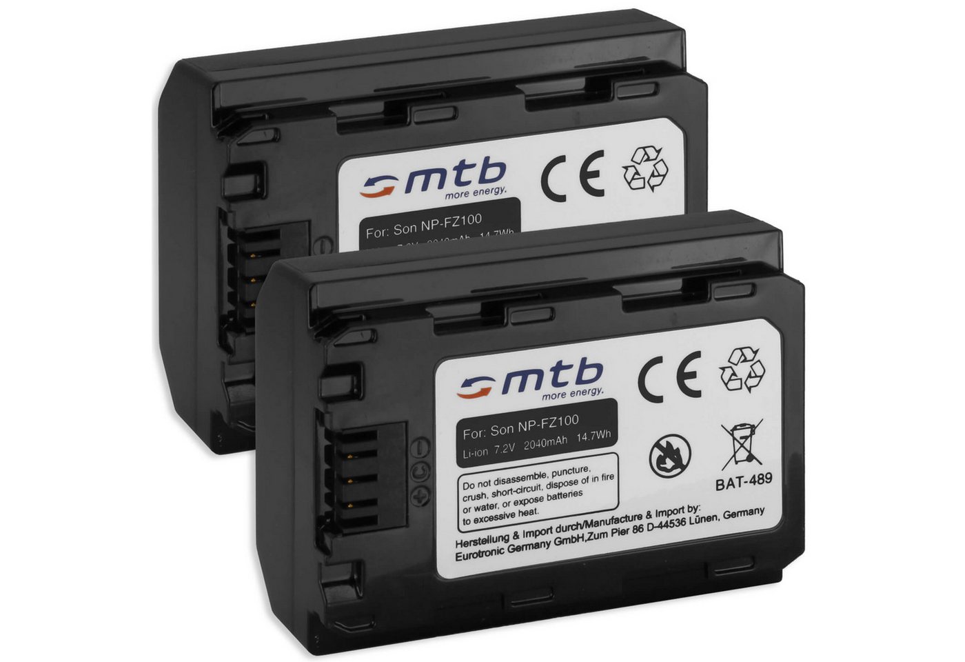 mtb more energy 2x Akku für Sony NP-FZ100 Kamera-Akku kompatibel mit Akku-Typ Sony NP-FZ100 2040 mAh (7,2 V) von mtb more energy