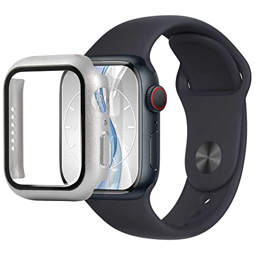 mtb more energy Hülle kompatibel mit Apple Watch 9, 8, 7 (41mm) - Silber metallic - integrierter Displayschutz aus gehärtetem Glas - Rundum Schutz Bumper Gehäuse Schutzhülle Tempered Glass von mtb more energy