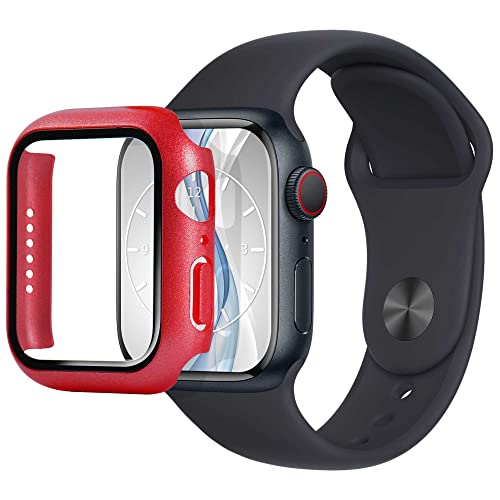 mtb more energy Hülle kompatibel mit Apple Watch 9, 8, 7 (41mm) - rot metallic - integrierter Displayschutz aus gehärtetem Glas - Rundum Schutz Bumper Gehäuse Schutzhülle Tempered Glass von mtb more energy