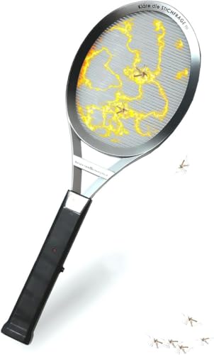Elektrische Fliegenklatsche extra Stark Insektenvernichter mit Tragetasche, Silber-Schwarz für Batterien 2x AA (Batteriebetrieben) von mucHome