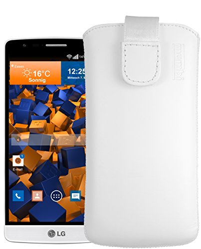 mumbi Echt-Leder Tasche kompatibel mit LG G3s (Nicht LG G3), (Lasche mit Rückzugfunktion, Ausziehhilfe), weiß von mumbi
