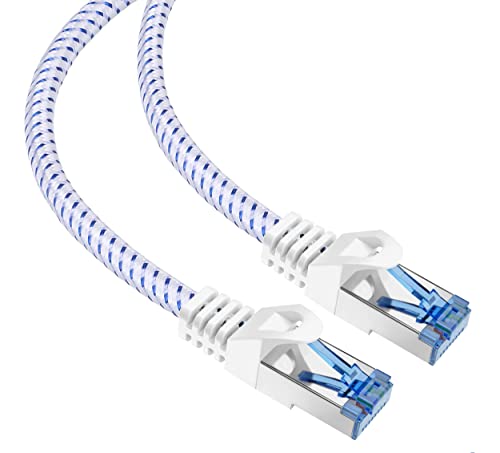 mumbi LAN Kabel 5m CAT 8 Netzwerkkabel Nylon geschirmtes S-FTP CAT8 Ethernet Kabel Patchkabel Nylonkabel 2000MHz 40Gbit 500cm, Weiss von mumbi