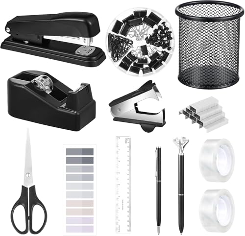 Bürobedarf, Schreibtischzubehör, Hefter und Klebebandspender-Set für Frauen mit Hefter, Klebebandspender, Heftklammern, Klammern, Clips, Schere und Tabs, Geschenk für Studenten, Kollegen von musejoy