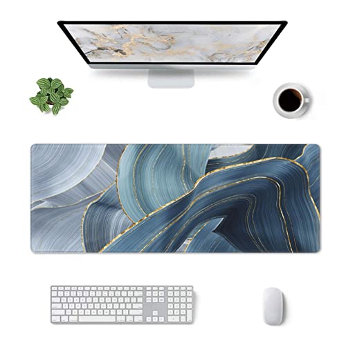 Mauspad mit genähtem Rand, Größe XL, 80 x 30,5 cm, rutschfeste Schreibtischunterlage für Laptop, PC, Computer, Gaming, Blau Marmor von mutakin