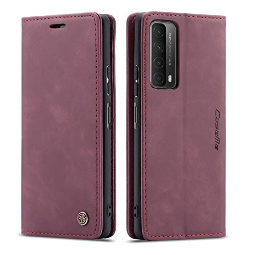 mvced Handyhülle Kompatibel mit Huawei P Smart 2021/ Y7a,Premium Leder Flip Case Schutzhülle mit Standfunktion,Wein rot von mvced