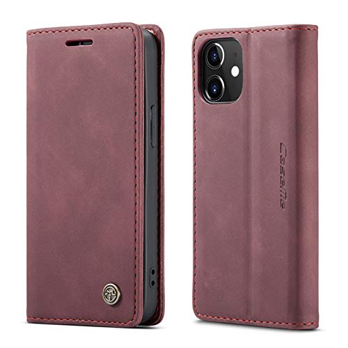 mvced Handyhülle Kompatibel mit iPhone 12 Mini 5.4,Premium Leder Flip Case Schutzhülle mit Standfunktion,Wein rot von mvced