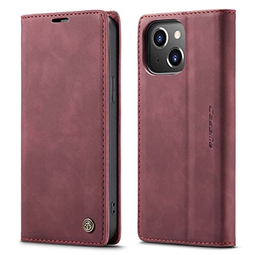 mvced Handyhülle Kompatibel mit iPhone 14 (6.1 Zoll),Premium Leder Flip Case Schutzhülle mit Standfunktion,Wein rot von mvced