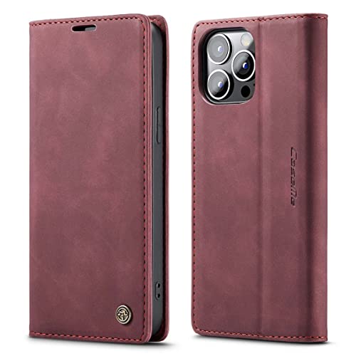 mvced Handyhülle Kompatibel mit iPhone 14 Pro (6.1 Zoll),Premium Leder Flip Case Schutzhülle mit Standfunktion,Wein rot von mvced