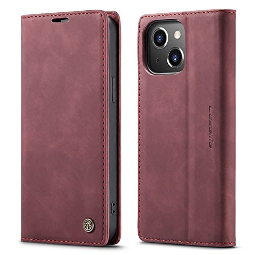 mvced Handyhülle Kompatibel mit iPhone 15 6.1 Zoll,Premium Leder Flip Case Schutzhülle mit Standfunktion,Wein rot von mvced