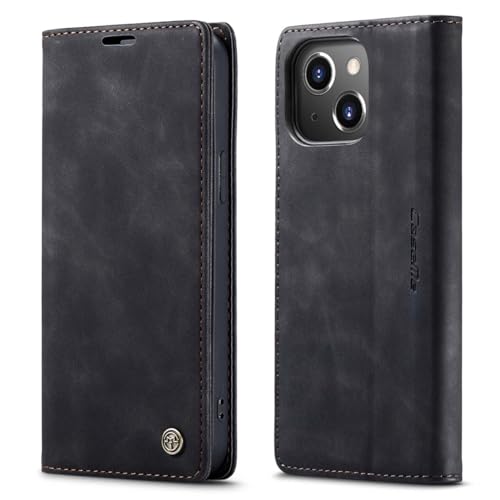 mvced Handyhülle Kompatibel mit iPhone 15 Plus 6.7 Zoll,Premium Leder Flip Case Schutzhülle mit Standfunktion,Schwarz von mvced