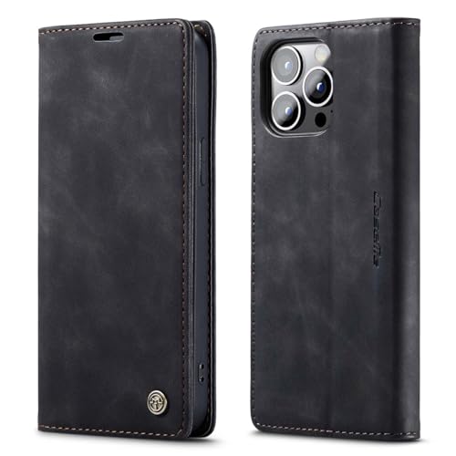mvced Handyhülle Kompatibel mit iPhone 15 Pro 6.1 Zoll,Premium Leder Flip Case Schutzhülle mit Standfunktion,Schwarz von mvced