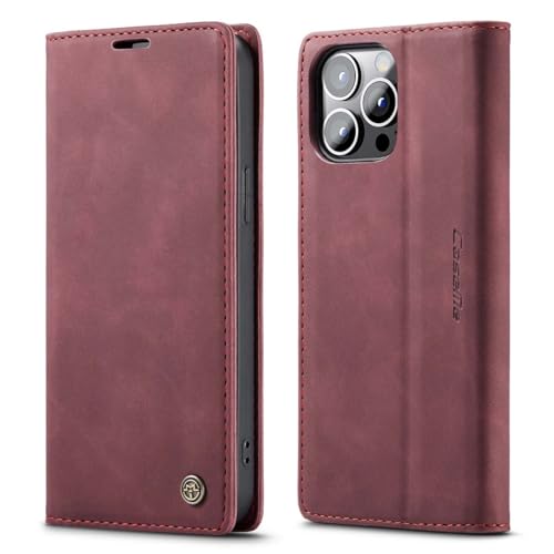 mvced Handyhülle Kompatibel mit iPhone 15 Pro Max 6.7 Zoll,Premium Leder Flip Case Schutzhülle mit Standfunktion,Wein rot von mvced