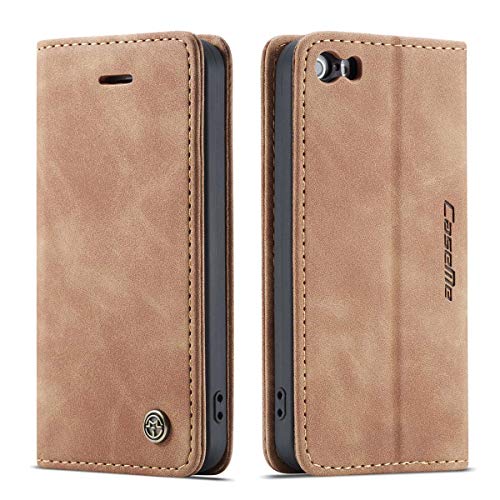 mvced Handyhülle Kompatibel mit iPhone 5/5S/SE 2016,Premium Leder Flip Case Schutzhülle mit Standfunktion,Braun von mvced