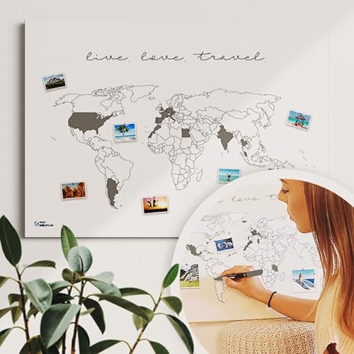Weltkarte live.love.travel. - Weltkarte Pinnwand - Tolles Geschenk - Nachhaltig, handmade in Germany, ultralanglebig (Keilrahmen, 60x40cm) von mw