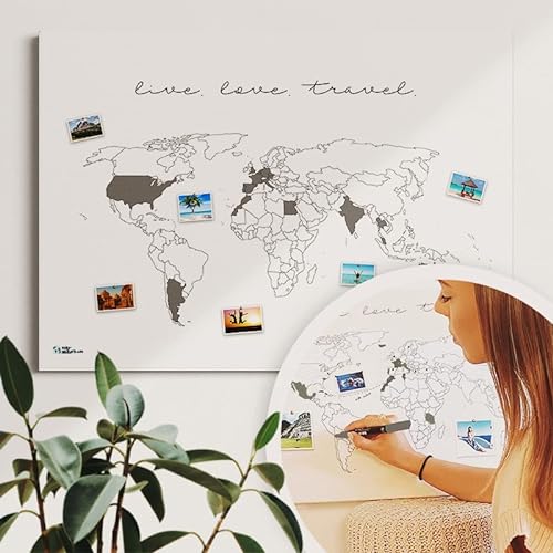 Weltkarte live.love.travel. - Weltkarte Pinnwand - Tolles Geschenk - Nachhaltig, handmade in Germany, ultralanglebig (Keilrahmen, 90x60cm) von mw